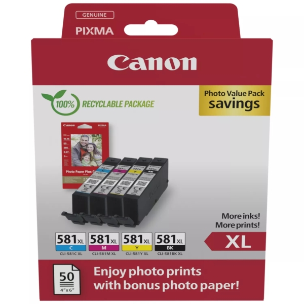 Canon CLI-581XL BK/C/M/Y Tinte mit hoher Reichweite + Fotopapier Value Pack